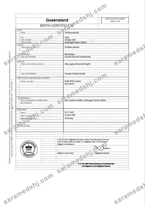 Australia Queensland birth certificate template in Word